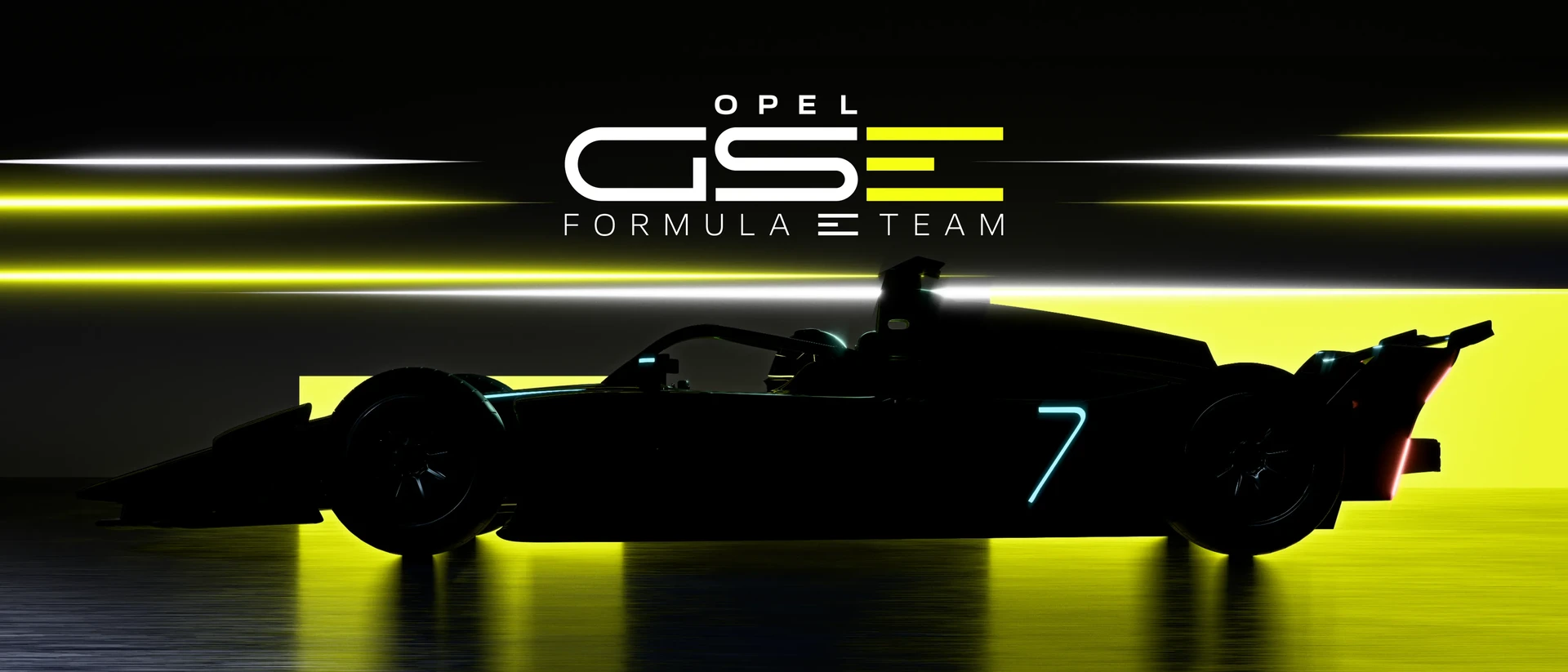Seitensilhouette des Opel GSe Formula-E-Rennwagens mit der Nummer 7 vor gelben und weißen Lichtstreifen, mit dem Logo des „Opel GSe Formula E Team" darüber.