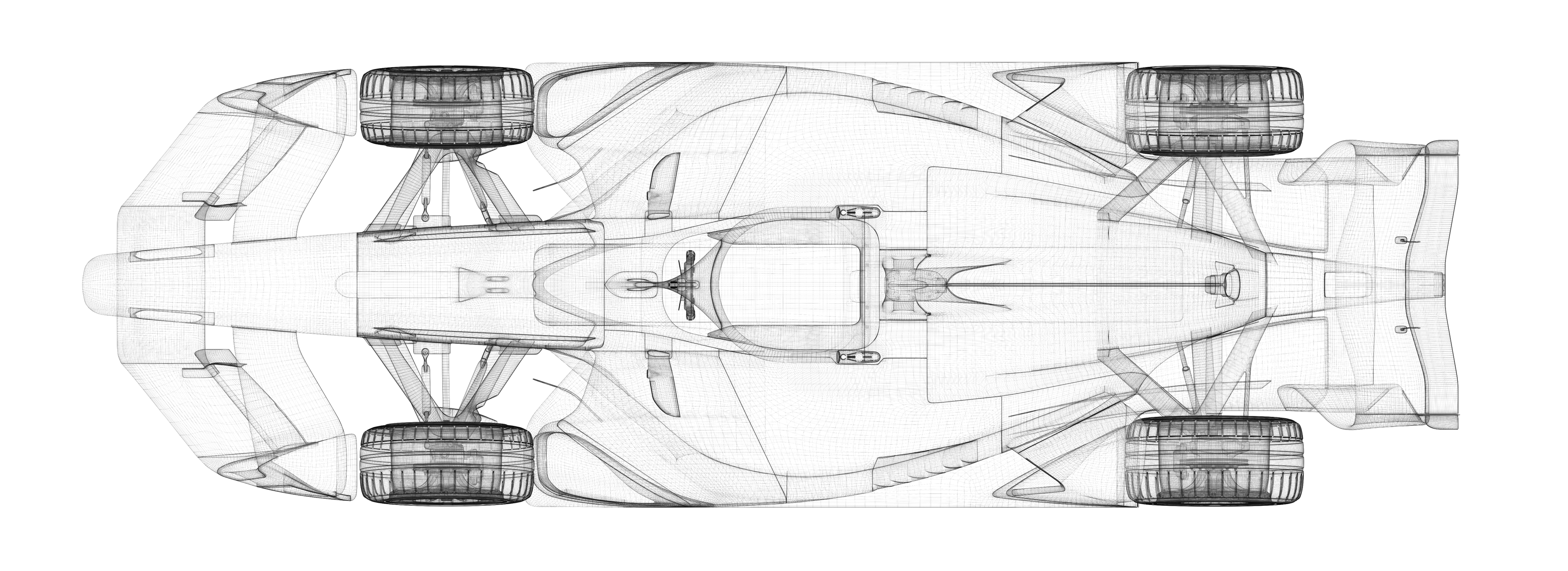 Technical wireframe drawing of an open-wheel single-seater race car seen from directly above, showing the chassis outline, four exposed wheels, front and rear wings, and the central cockpit.