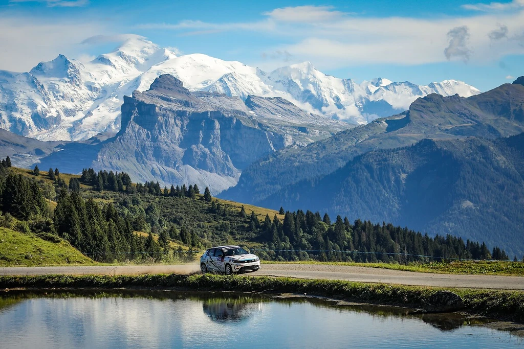 Mont-Blanc Rally: Opel Corsa Rally Electric in Front Alpine Backdrop