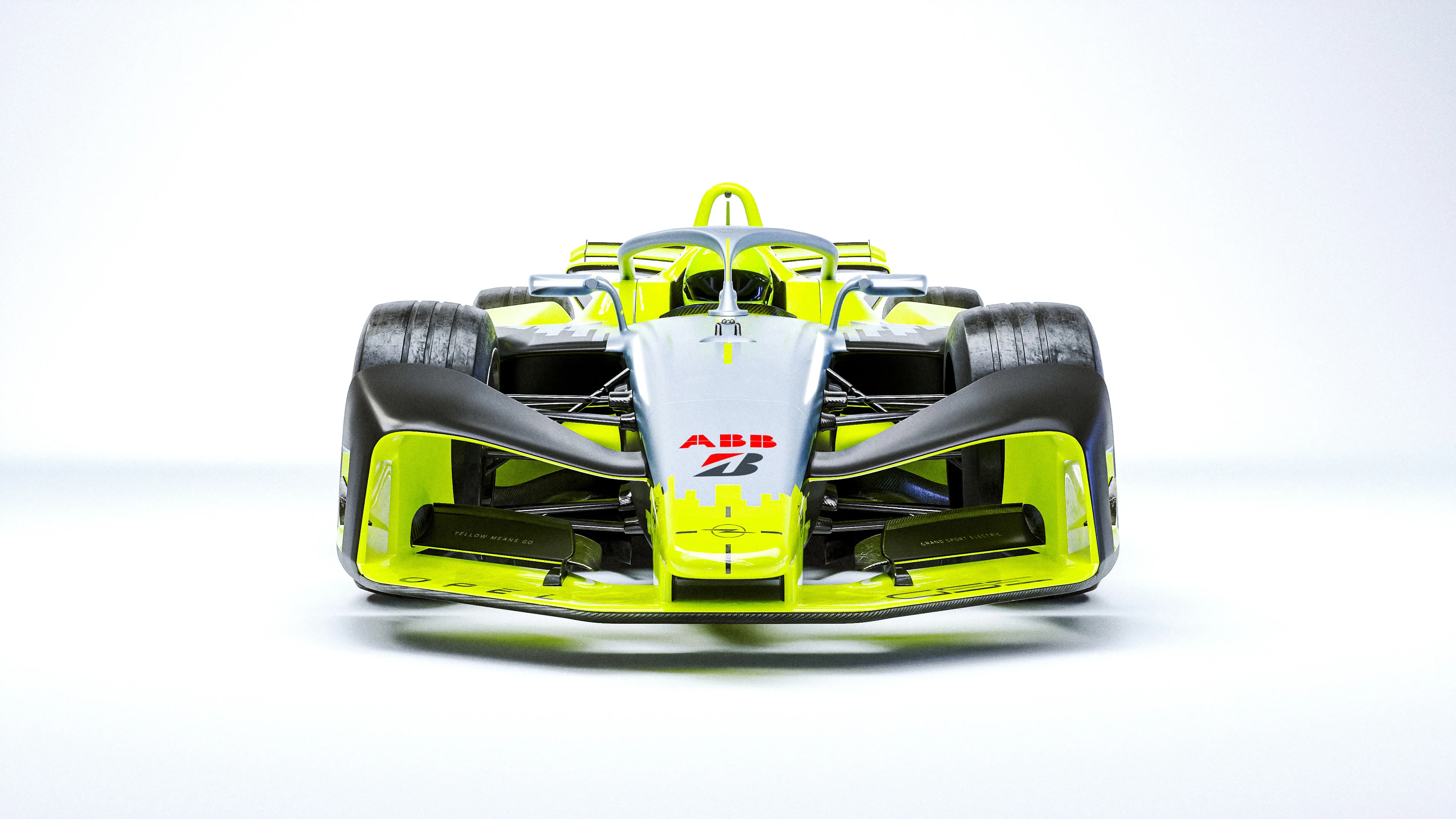 Head-on front view of the yellow, silver and black Opel GSE 27FE Formula E car on a plain white studio background, with ABB and Bridgestone logos on the nose.