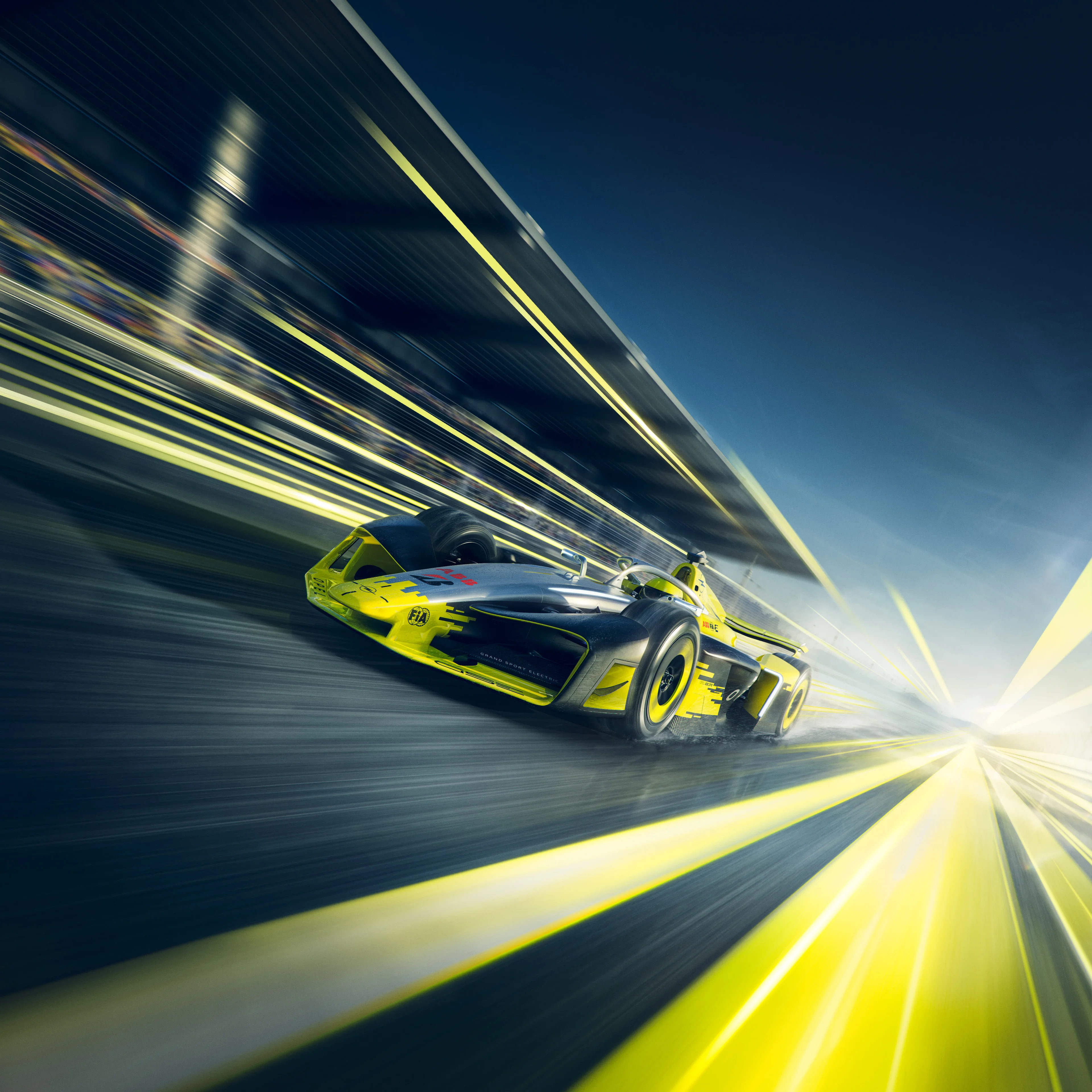 Neon yellow and black Opel GSE Formula E car seen from the front three-quarter at speed, with the kerbs and grandstand drawn into long yellow light trails by motion blur and a bright burst of light ahead.