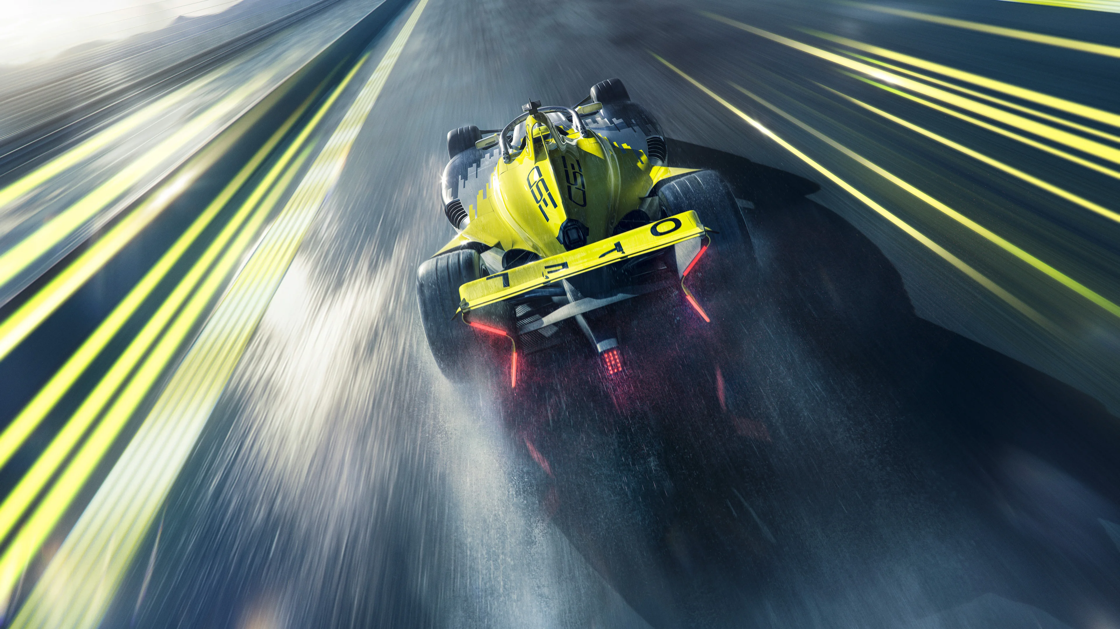 Elevated rear view of the yellow, silver and black Opel GSE Formula E car racing away on a wet track, with red rear lights glowing through the spray and "OPEL" on the rear wing.